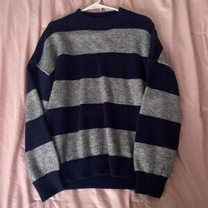 Women's Navy and Gray Striped Crewneck Sweater